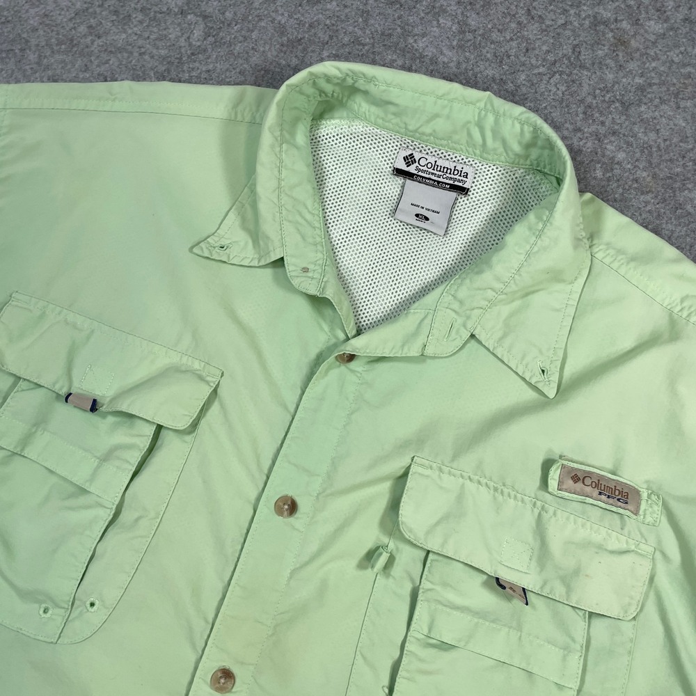 Columbia Mens PFG Fishing Shirt XL Green Short Sleeve Button Down Venting